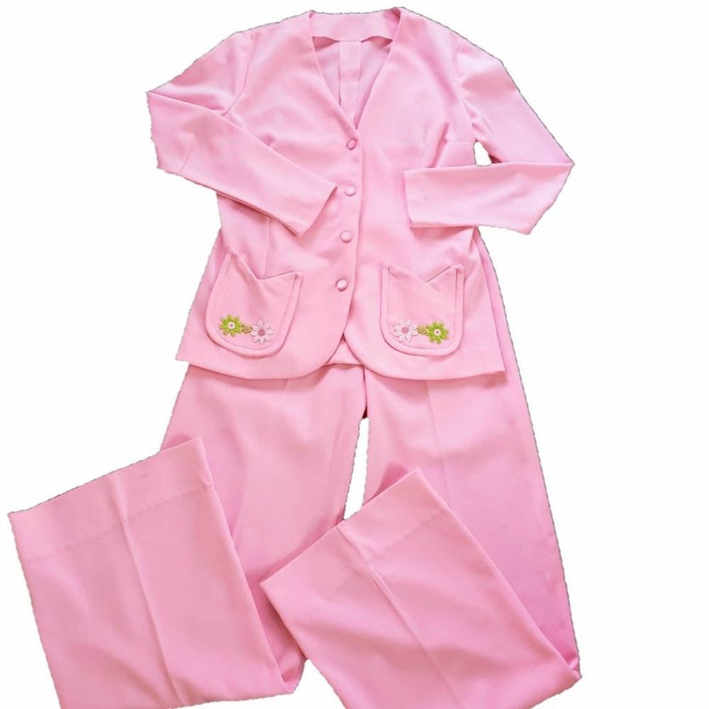 Vintage 60s handmade Women's Pant Suit 2Pc Pink M